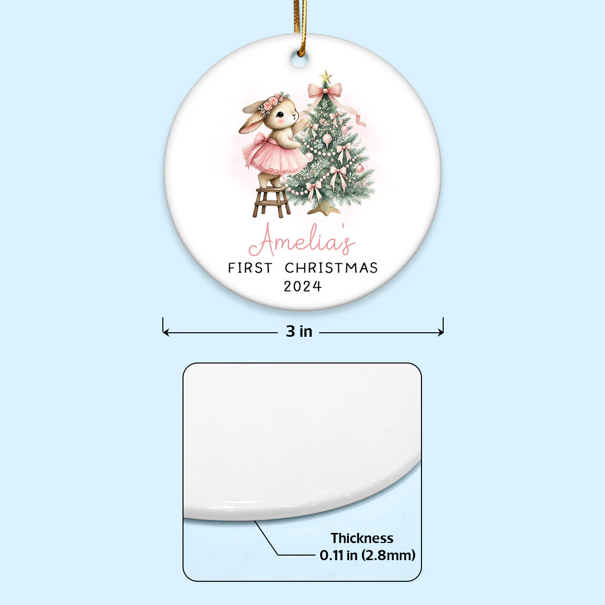 Baby's First Christmas Rabbit Personalized Circle Ceramic Ornament, Baby Girl Name Baby Shower Gift Keepsake - Image 7