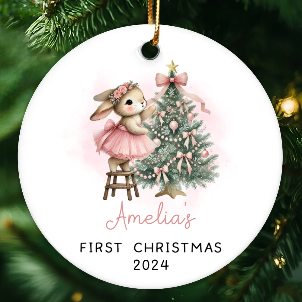 Baby's First Christmas Rabbit Personalized Circle Ceramic Ornament, Baby Girl Name Baby Shower Gift Keepsake - Image 9
