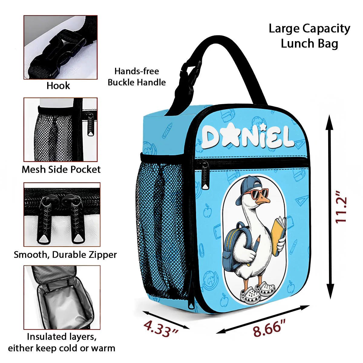 Back to School Goose Personalized Insulated Lunch Bag for Boy Girl - Image 10