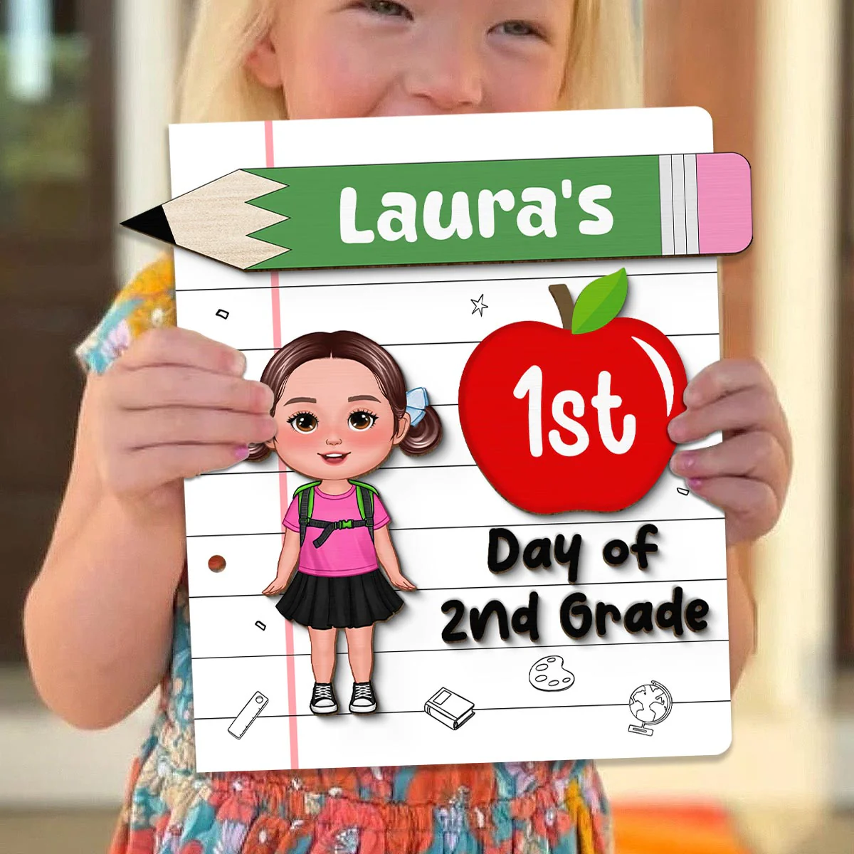 Back To School Sign Cute Doll Kid Personalized 2-Layer Wooden Plaque - Image 2