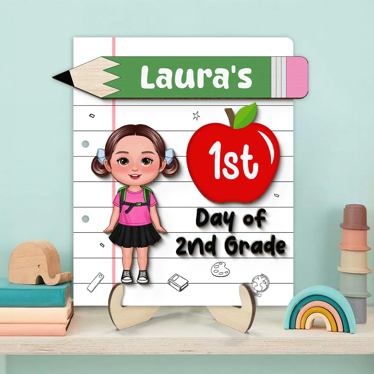 Back To School Sign Cute Doll Kid Personalized 2-Layer Wooden Plaque - Image 3