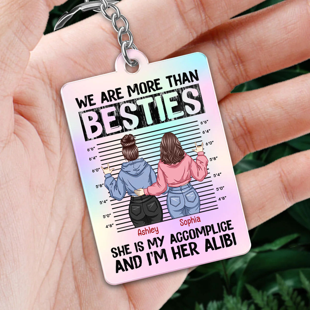 Back View Besties Accomplice Alibi Personalized Acrylic Keychain - Image 2