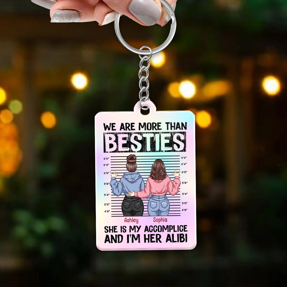 Back View Besties Accomplice Alibi Personalized Acrylic Keychain - Image 3