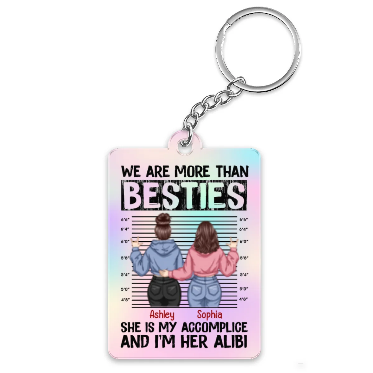 Back View Besties Accomplice Alibi Personalized Acrylic Keychain - Image 4