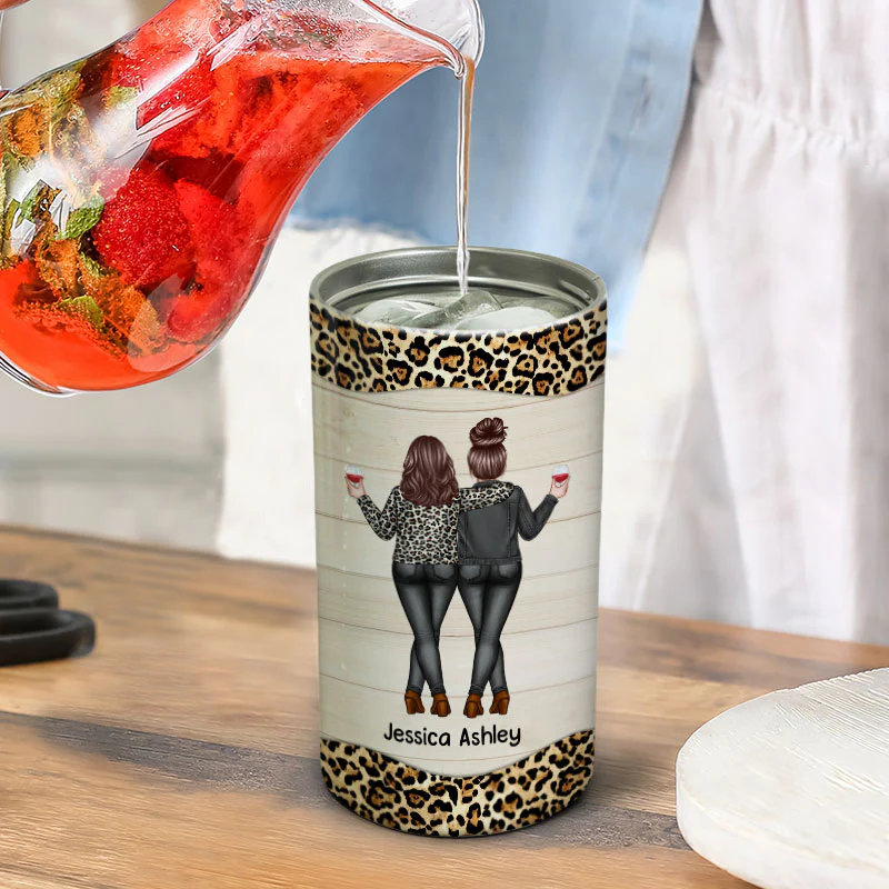 Back View Besties Leopard Personalized Multiple Use 4 In 1 Can Cooler Tumbler - Image 3