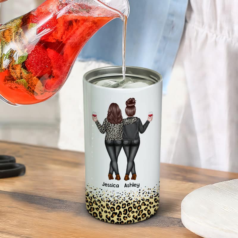 Back View Besties Sisters Leopard Gift Personalized 4 In 1 Can Cooler - Image 6