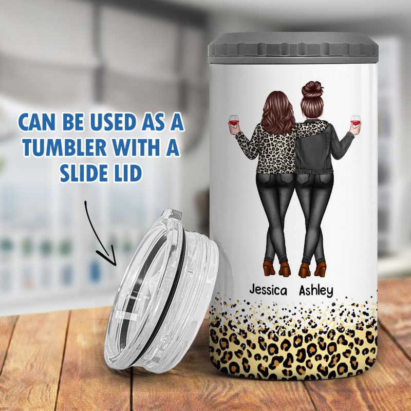 Back View Besties Sisters Leopard Gift Personalized 4 In 1 Can Cooler - Image 9