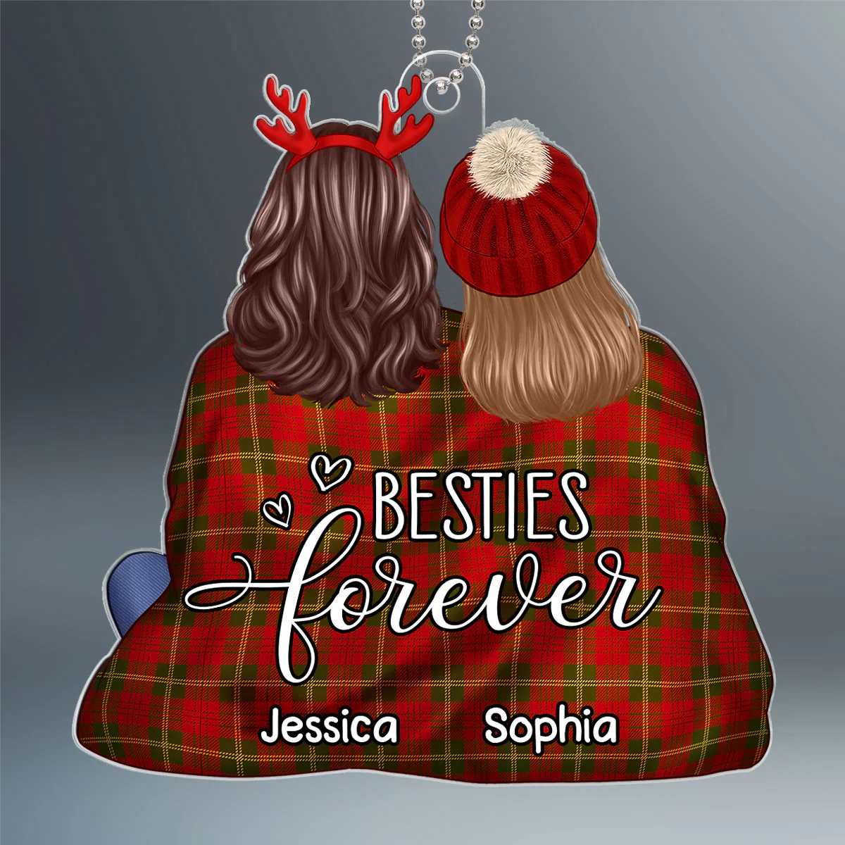 Back View Besties Snuggle In Blanket Christmas Gift For Best Friends Personalized Acrylic Ornament - Image 2