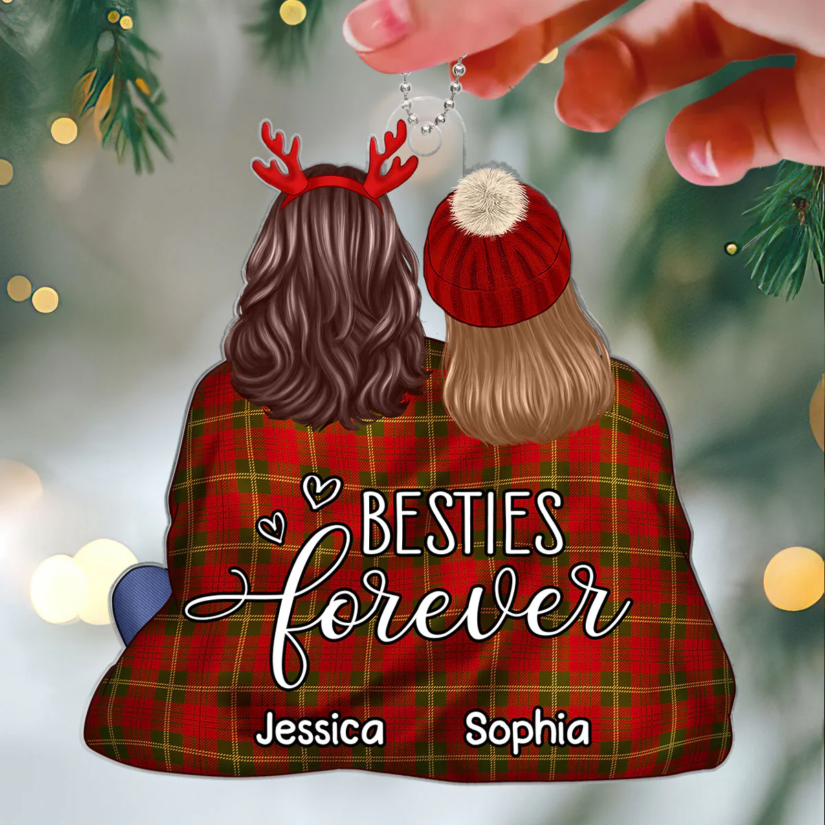 Back View Besties Snuggle In Blanket Christmas Gift For Best Friends Personalized Acrylic Ornament - Image 3
