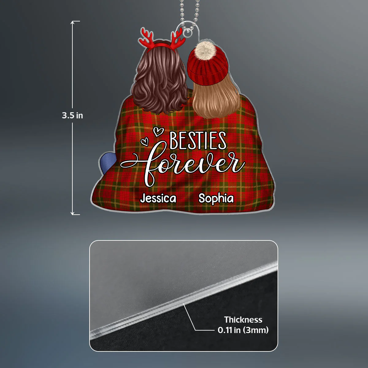 Back View Besties Snuggle In Blanket Christmas Gift For Best Friends Personalized Acrylic Ornament - Image 4