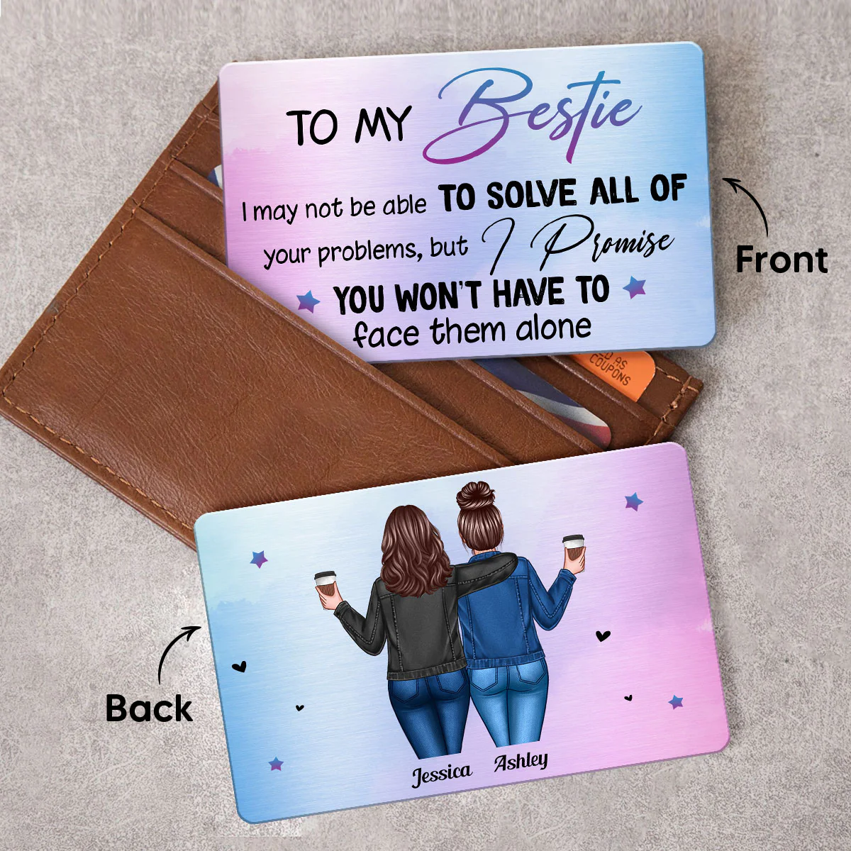 Back View Besties To My Bestie Perfect Wallet Insert Keepsake Personalized Metal Wallet Card