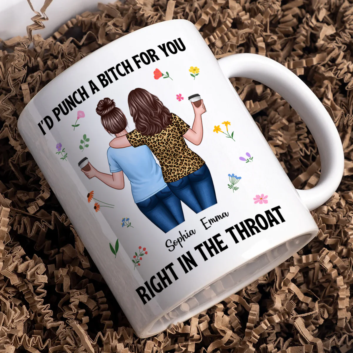 Back View Besties Walking I'd Punch A Bitch For You Personalized Mug, Funny Gift For Best Friends, BFF - Image 3