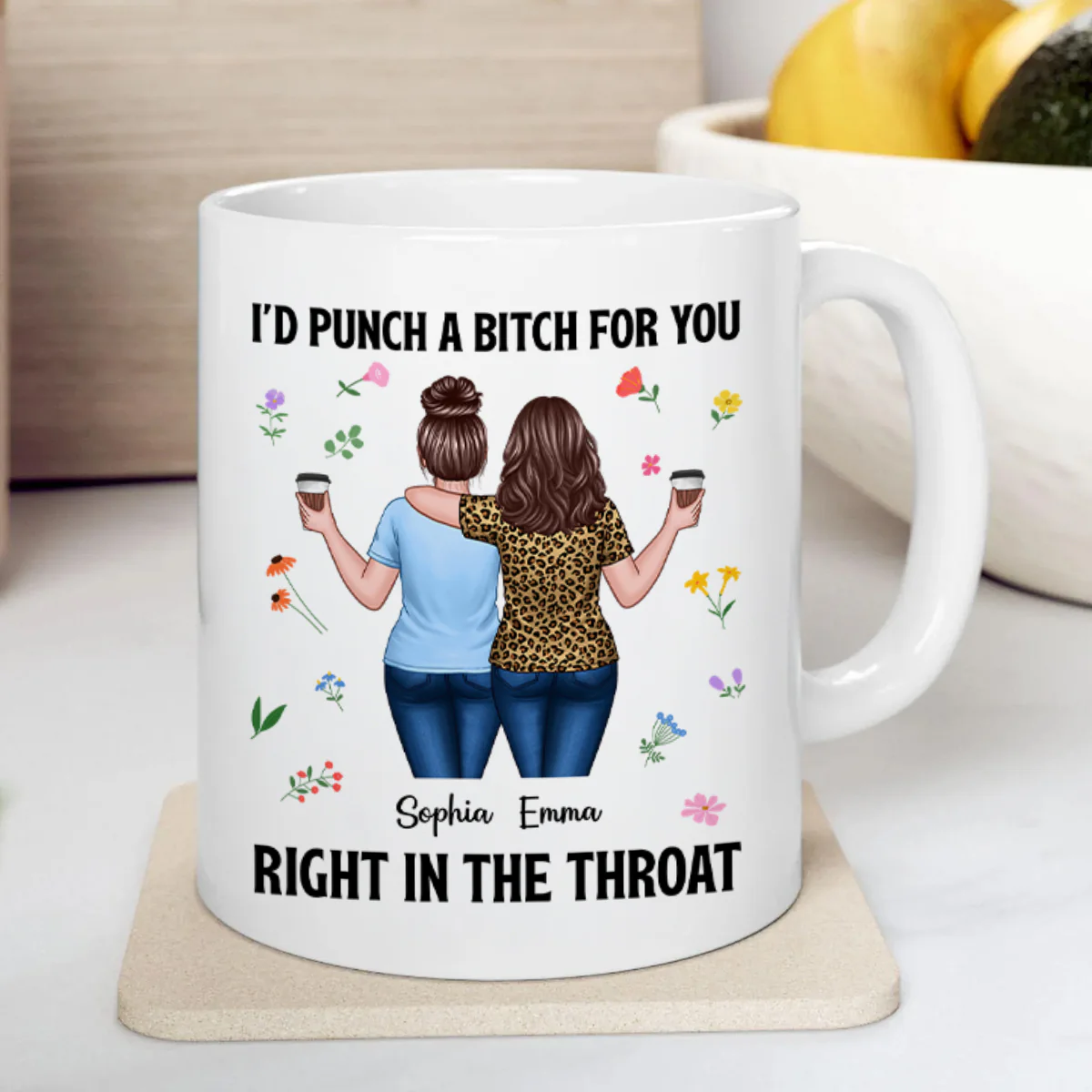 Back View Besties Walking I'd Punch A Bitch For You Personalized Mug, Funny Gift For Best Friends, BFF - Image 5