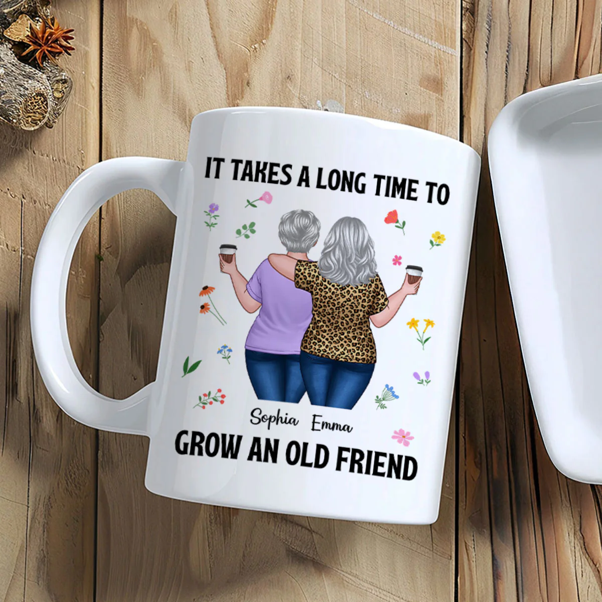 Back View Besties Walking It Takes A Long Time To Grow An Old Friend Floral Personalized Mug, Gift For Best Friends, BFF - Image 4