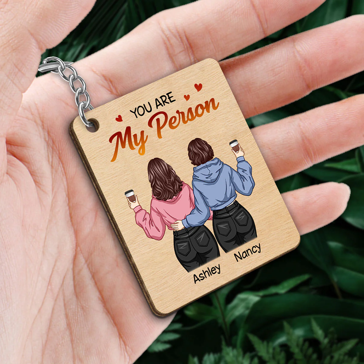 Back View Besties You Are My Person Personalized Wooden Keychain - Image 2