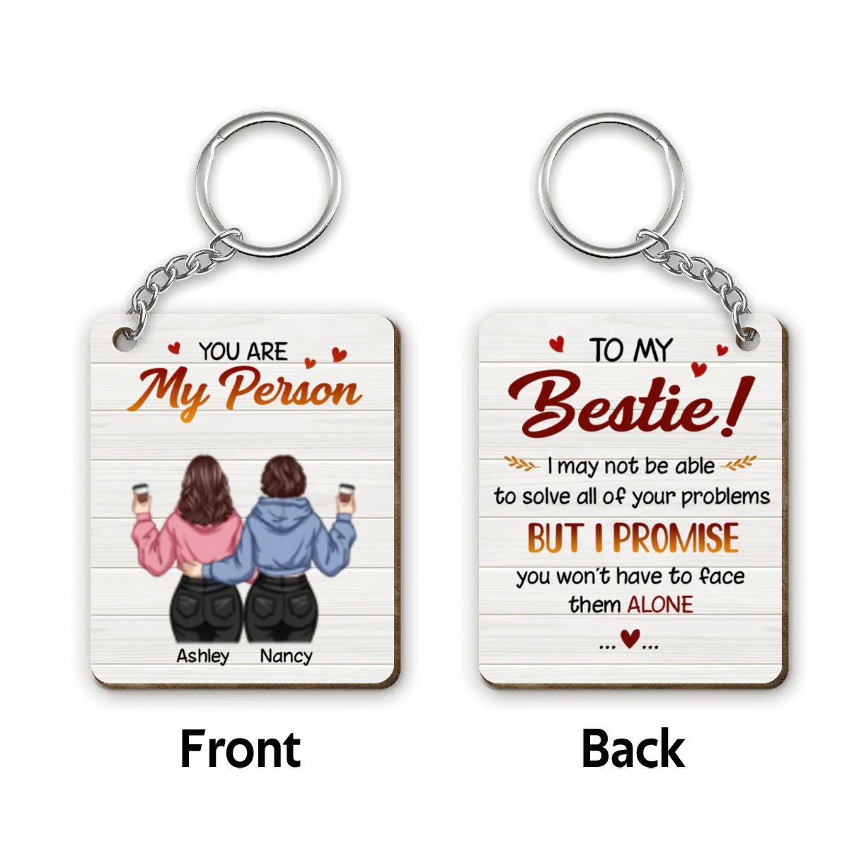 Back View Besties You Are My Person Personalized Wooden Keychain - Image 4