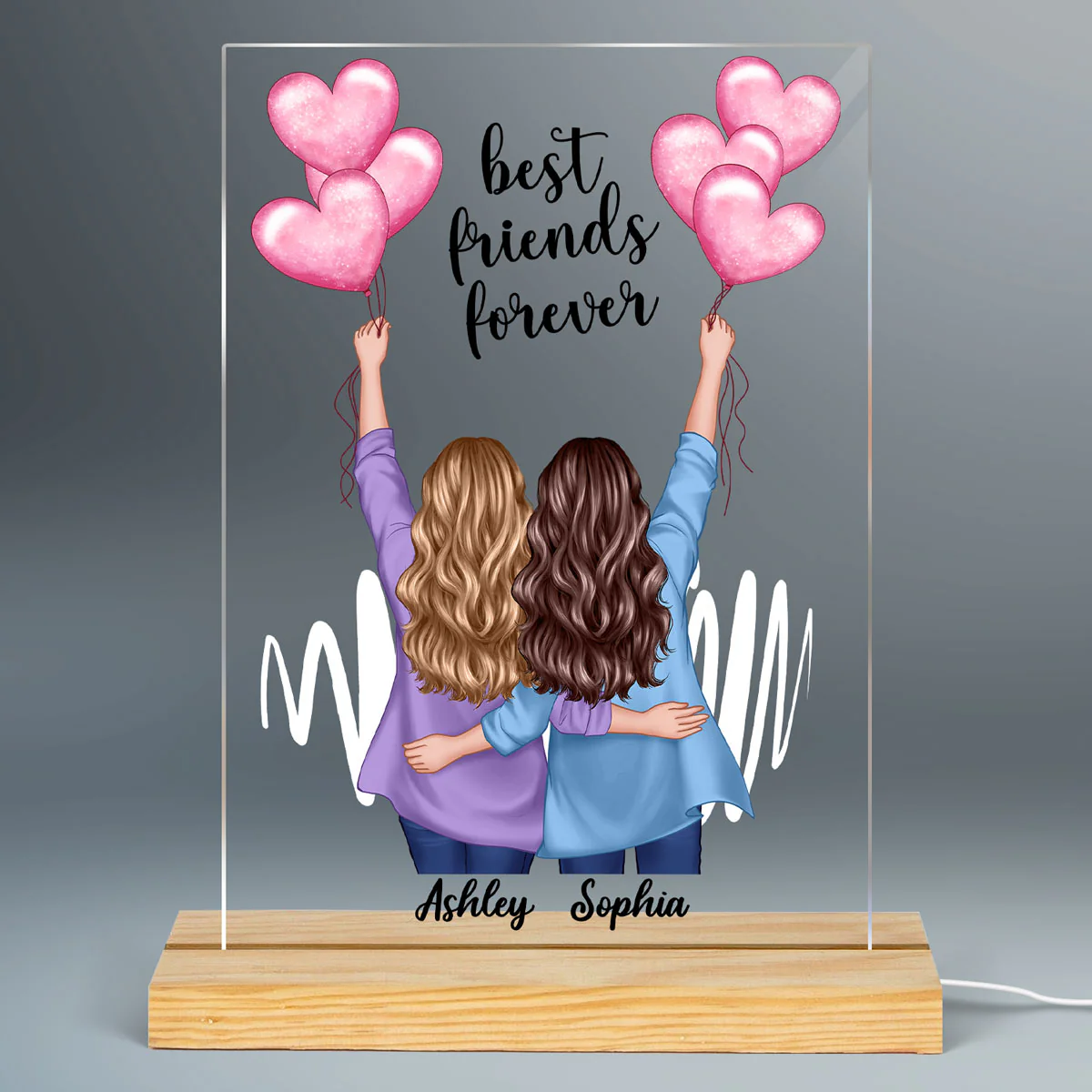 Back View Blazer Besties Holding Balloons Personalized Rectangle Acrylic Plaque LED Night Light - Image 2
