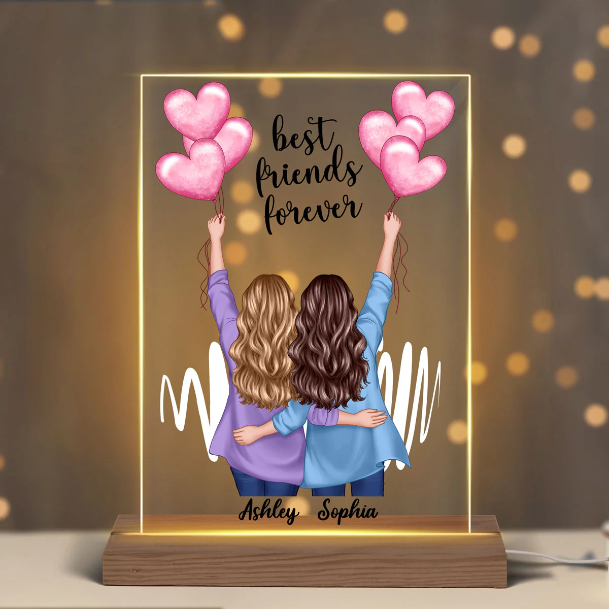 Back View Blazer Besties Holding Balloons Personalized Rectangle Acrylic Plaque LED Night Light - Image 3
