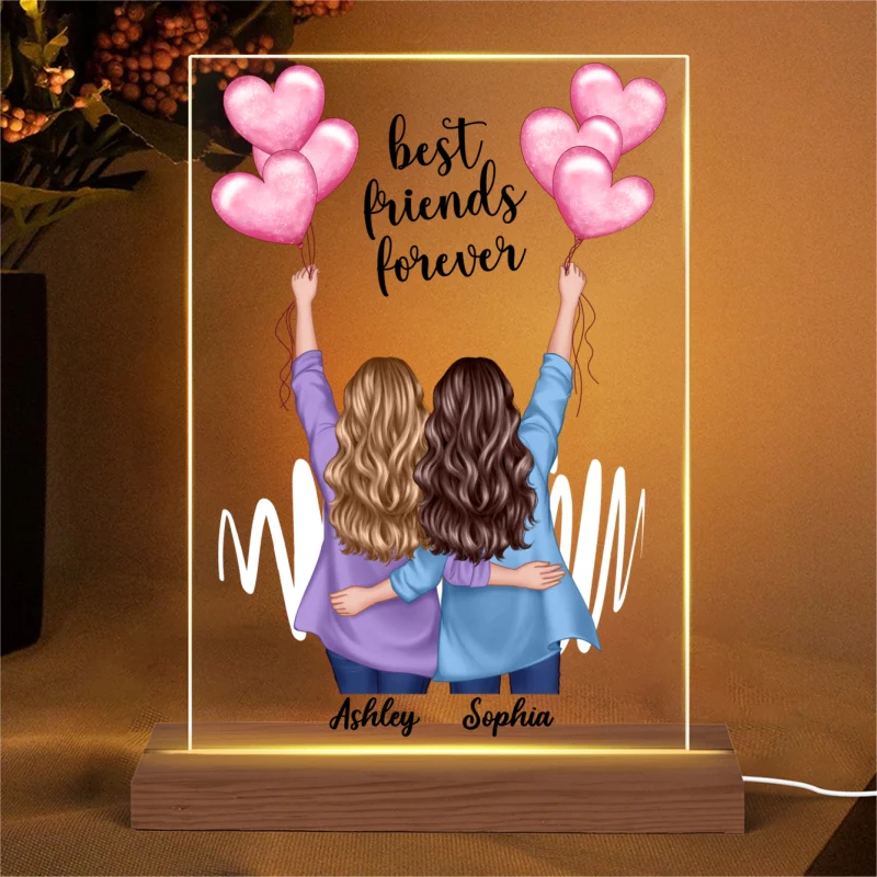 Back View Blazer Besties Holding Balloons Personalized Rectangle Acrylic Plaque LED Night Light - Image 4