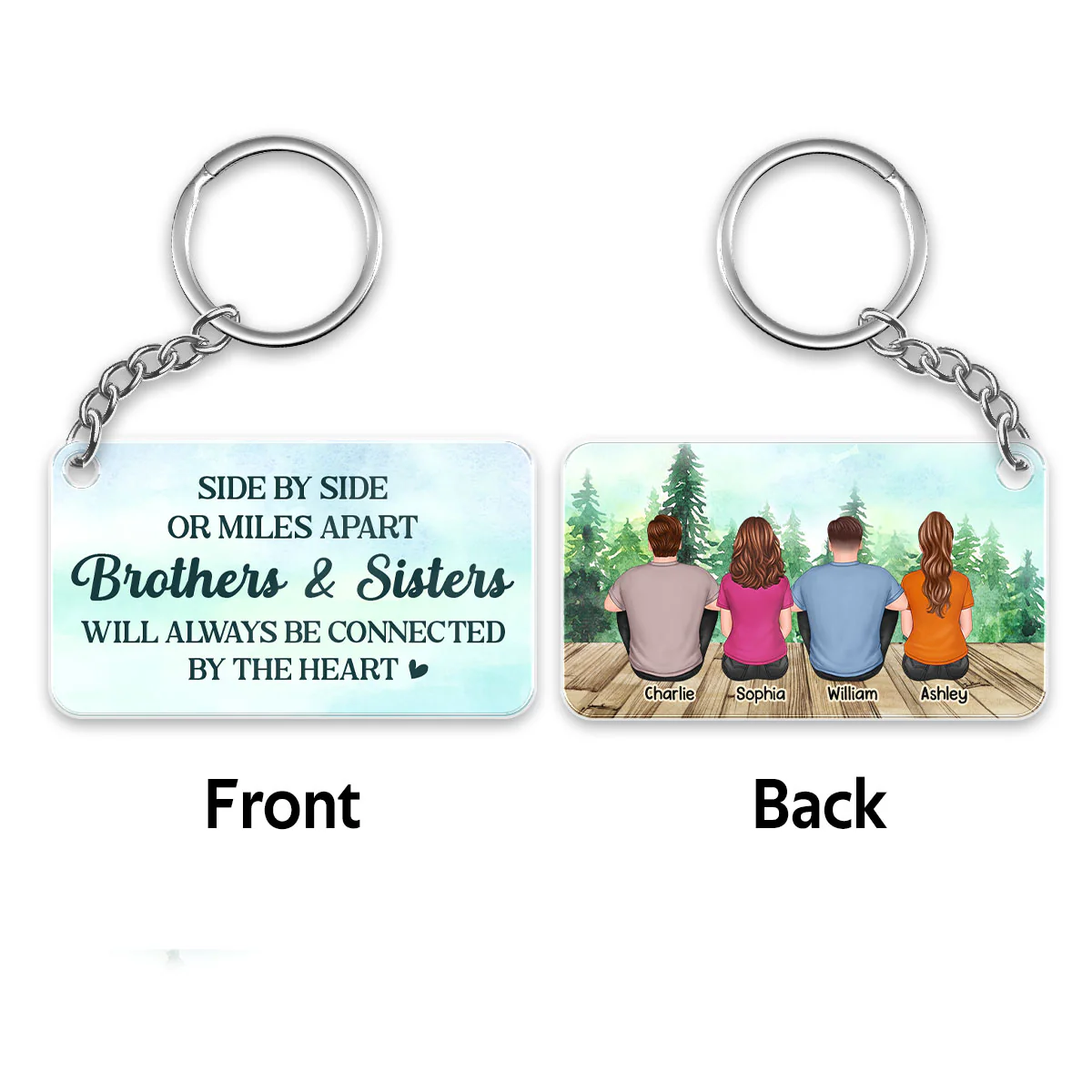 Back View Brothers And Sisters Sitting Forest Gift For Siblings Personalized Acrylic Keychain