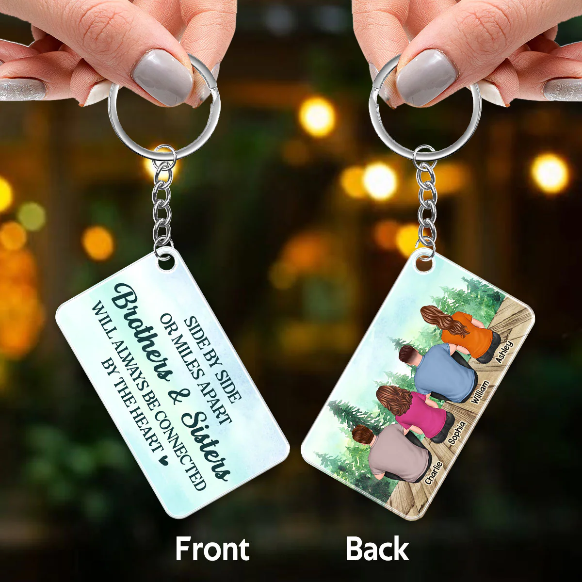 Back View Brothers And Sisters Sitting Forest Gift For Siblings Personalized Acrylic Keychain - Image 3