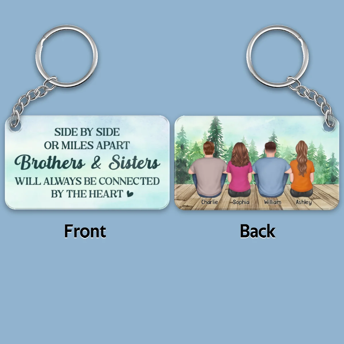 Back View Brothers And Sisters Sitting Forest Gift For Siblings Personalized Acrylic Keychain - Image 4