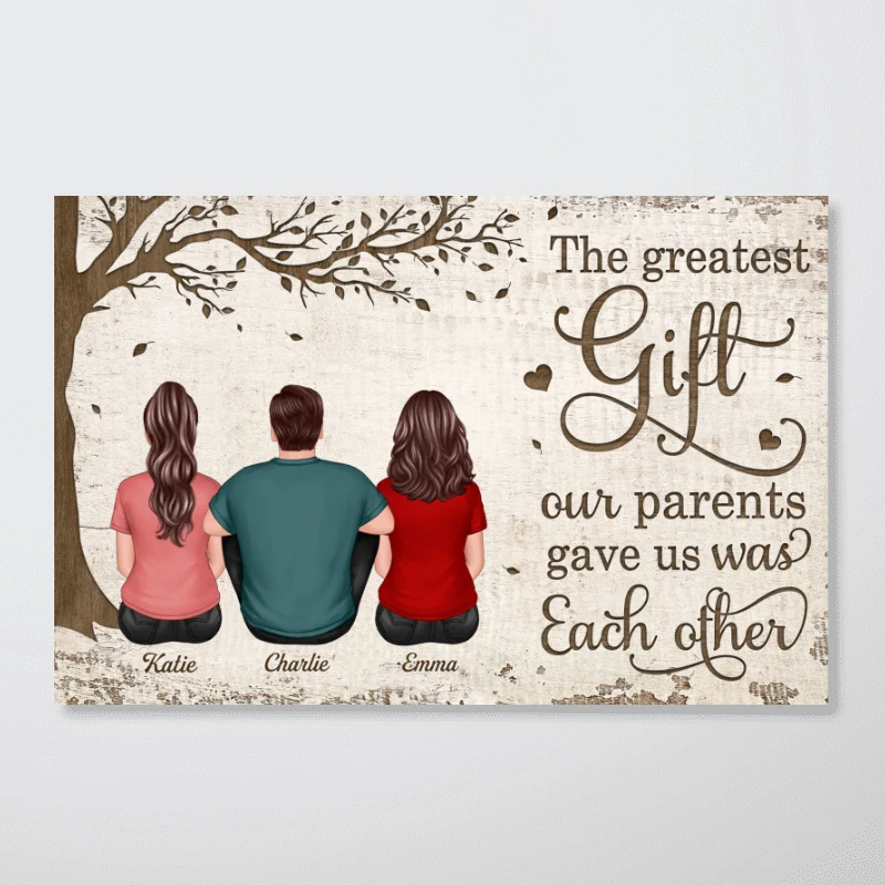 Back View Brothers And Sisters Sitting Under Tree Personalized Horizontal Poster - Image 4