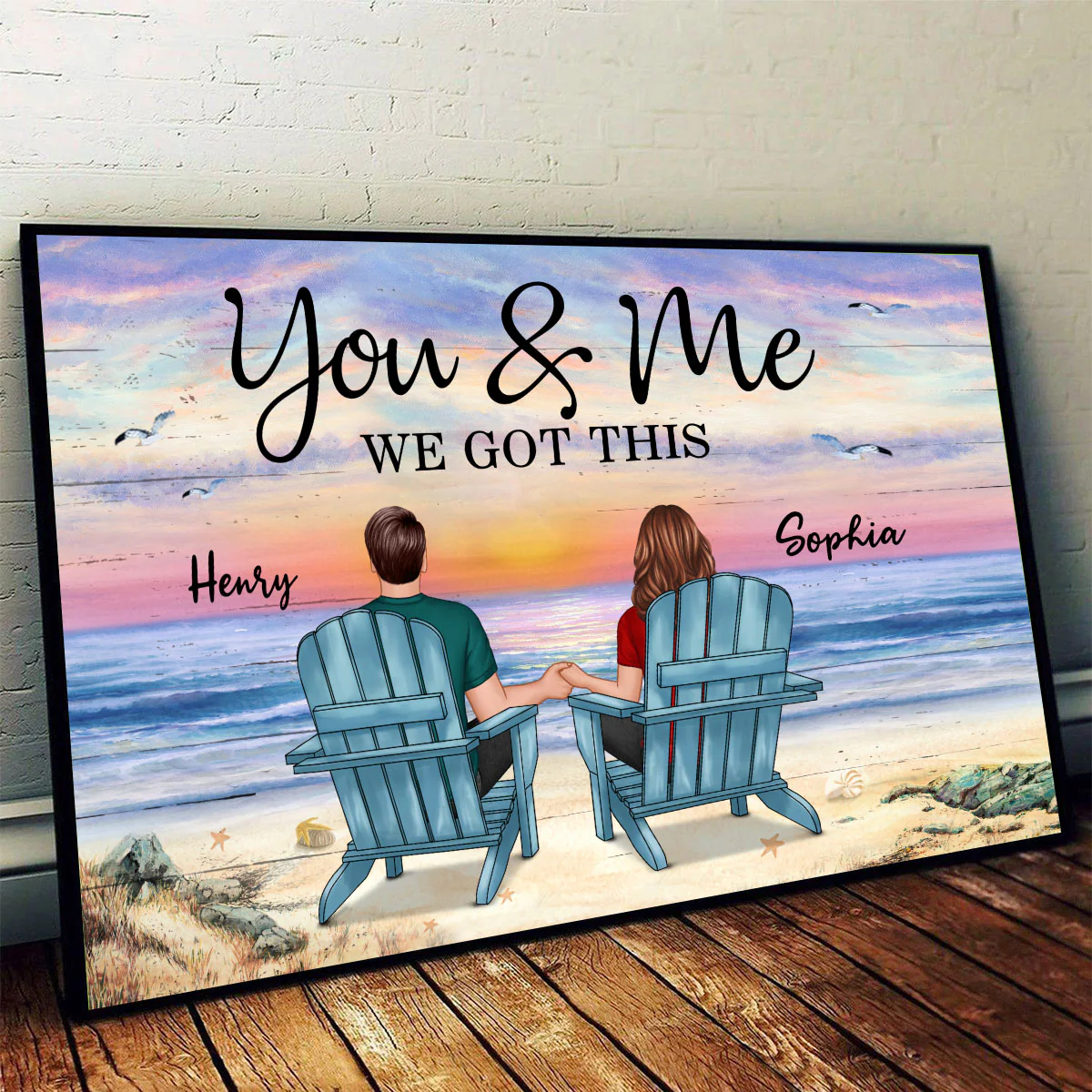 Back View Couple At Beach Purple Sunset Personalized Horizontal Poster - Image 2