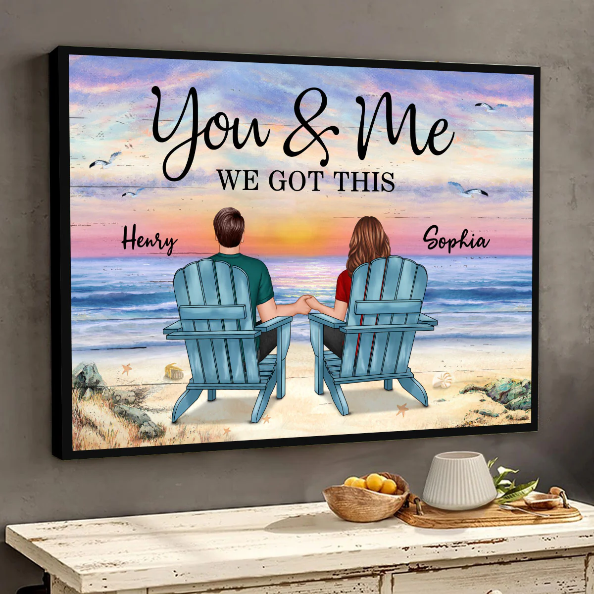 Back View Couple At Beach Purple Sunset Personalized Horizontal Poster - Image 3