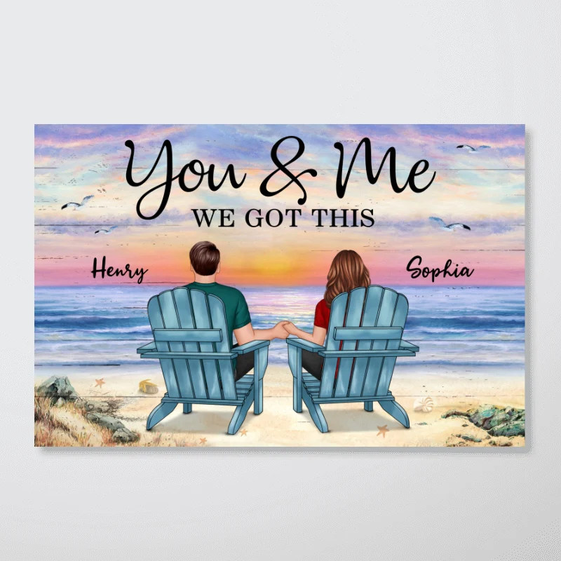 Back View Couple At Beach Purple Sunset Personalized Horizontal Poster - Image 4