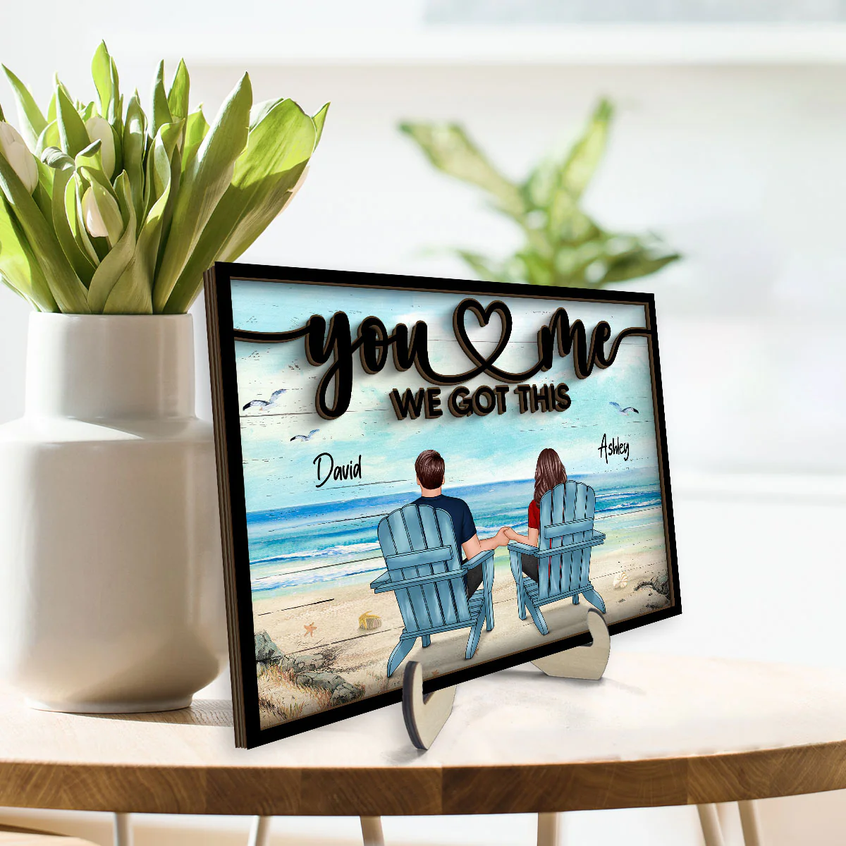 Back View Couple Beach Landscape Valentine‘s Day Gift For Him For Her Personalized 2-Layer Wooden Plaque - Image 3