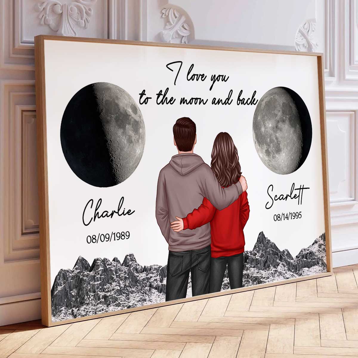 Back View Couple Custom Moon Phases I Love You To The Moon And Back Personalized Poster, Heartfelt Gift For Couple, For Him, For Her, Boyfriend, Girlfriend, Husband, Wife - Image 6
