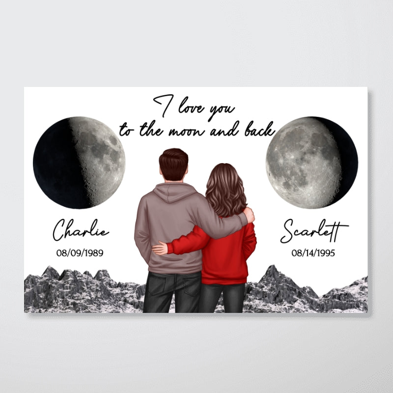 Back View Couple Custom Moon Phases I Love You To The Moon And Back Personalized Poster, Heartfelt Gift For Couple, For Him, For Her, Boyfriend, Girlfriend, Husband, Wife - Image 8
