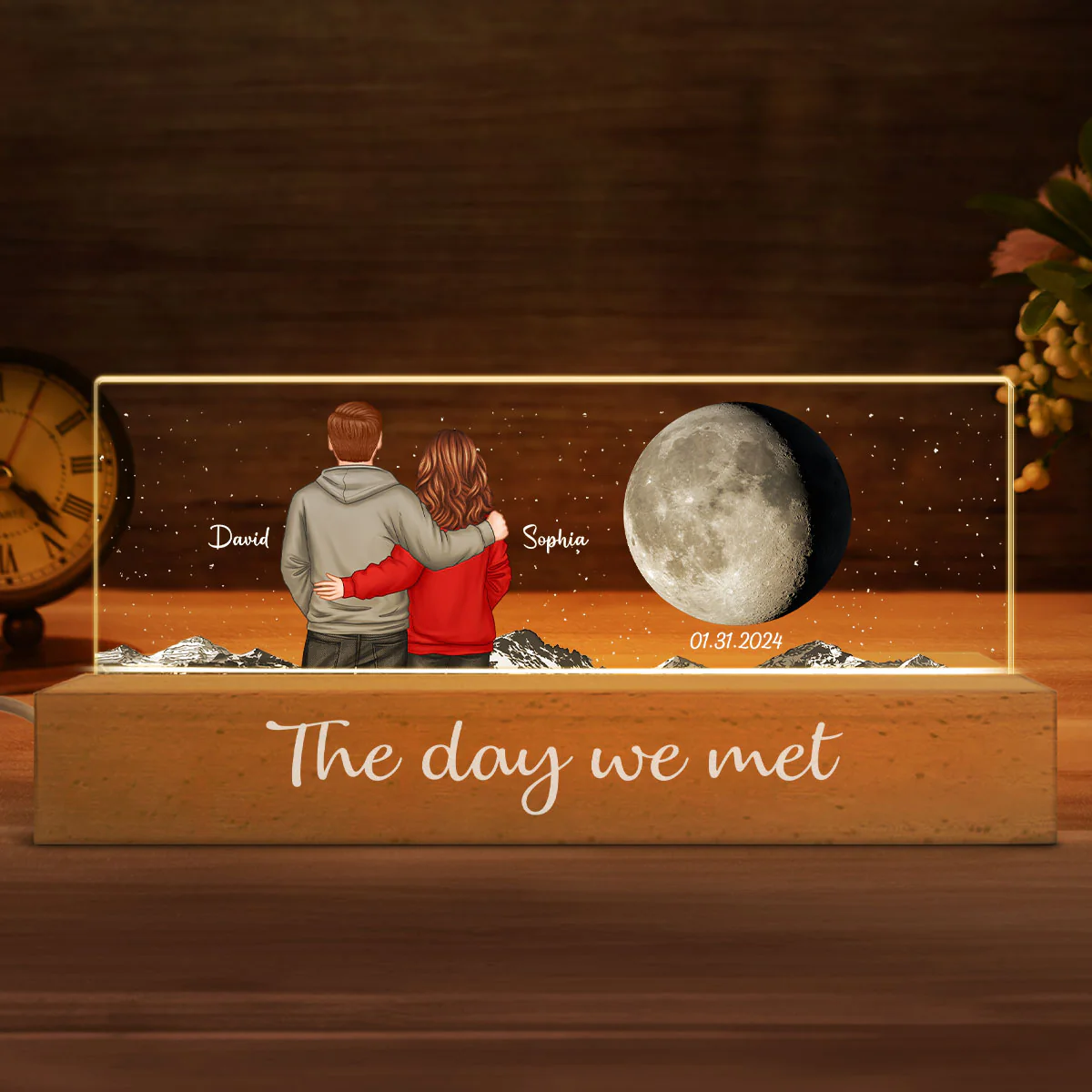 Back View Couple Custom Moon Phases The Day We Met Personalized Acrylic Block LED Night Light, Heartfelt Gift For Couple, For Him, For Her, Boyfriend, Girlfriend, Husband, Wife - Image 3