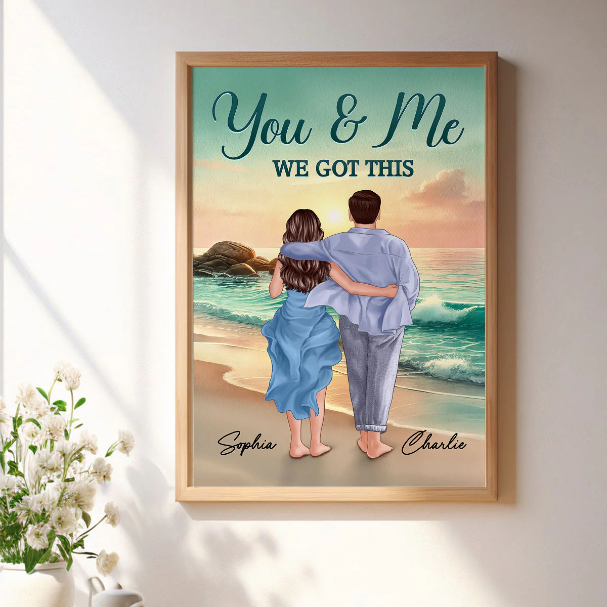 Back View Couple Embracing & Walking On The Beach Personalized Poster, Heartfelt Gift For Couple, For Him, For Her, Boyfriend, Girlfriend, Husband, Wife