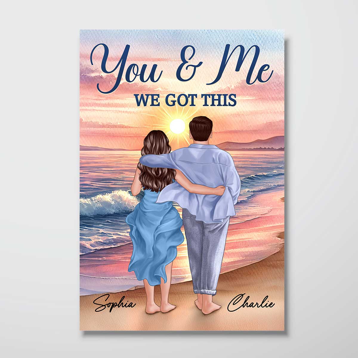 Back View Couple Embracing & Walking On The Beach Personalized Poster, Heartfelt Gift For Couple, For Him, For Her, Boyfriend, Girlfriend, Husband, Wife - Image 2