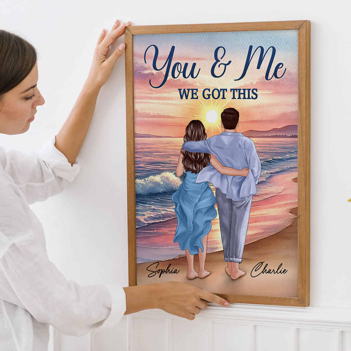 Back View Couple Embracing & Walking On The Beach Personalized Poster, Heartfelt Gift For Couple, For Him, For Her, Boyfriend, Girlfriend, Husband, Wife - Image 3