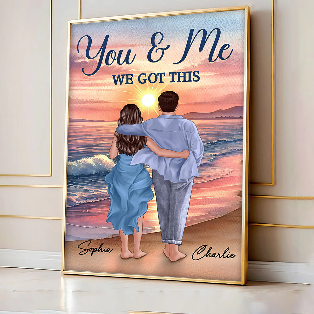 Back View Couple Embracing & Walking On The Beach Personalized Poster, Heartfelt Gift For Couple, For Him, For Her, Boyfriend, Girlfriend, Husband, Wife - Image 5