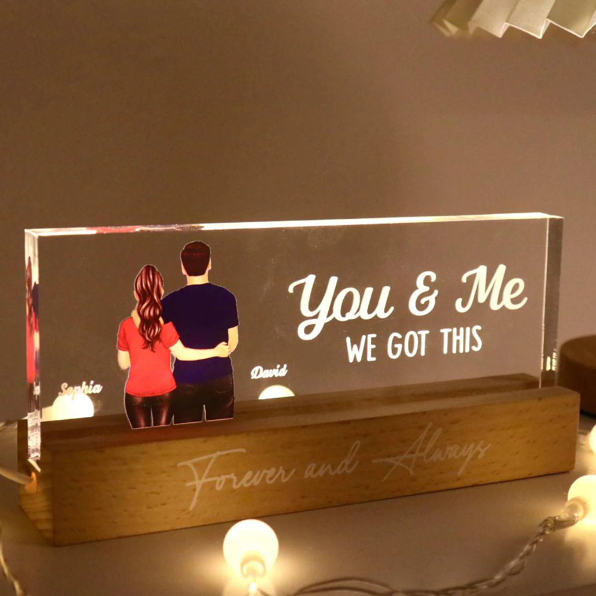 Back View Couple Gift For Him Gift For Her Personalized Acrylic Block LED Night Light - Image 4