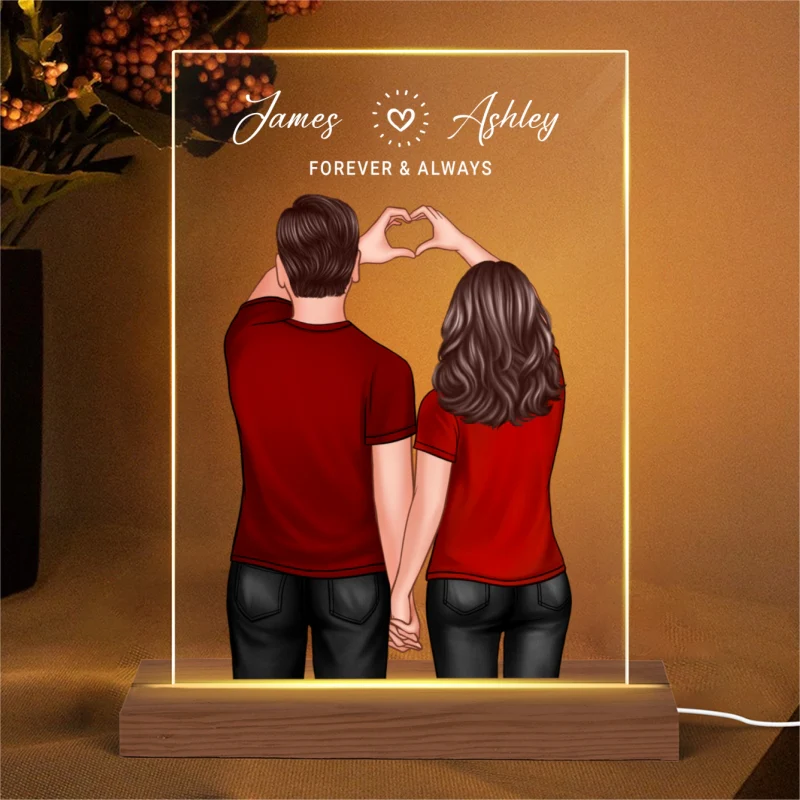 Back View Couple Heart Hands Simple Personalized Plaque LED Night Light - Valentine‘s Day Gift - Image 5