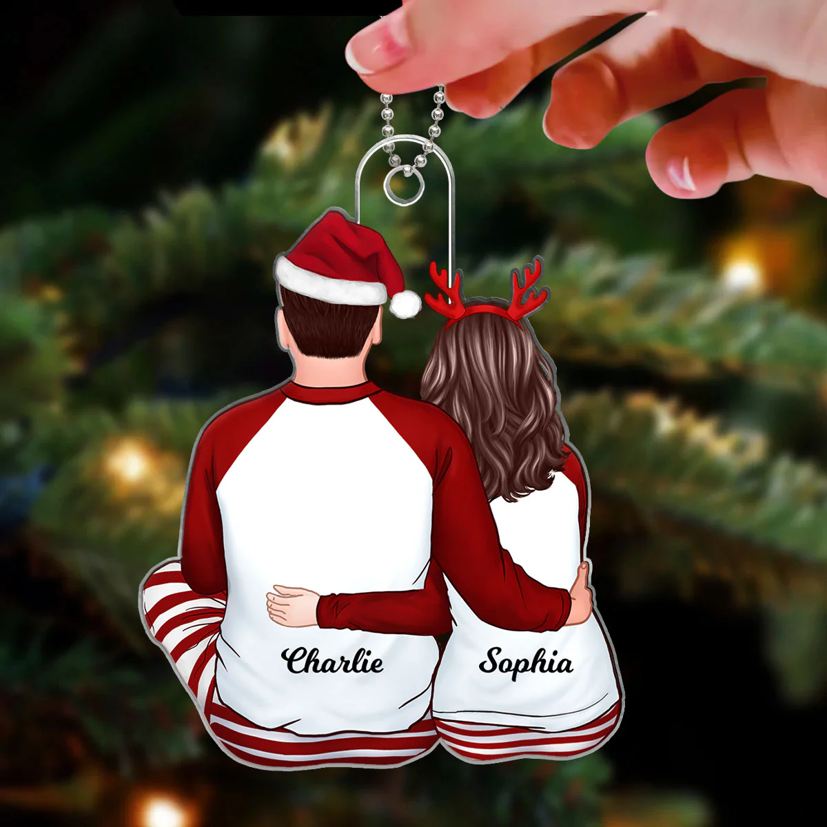 Back View Couple Hugging Sitting Christmas Gift For Him For Her Personalized Acrylic Ornament - Image 3
