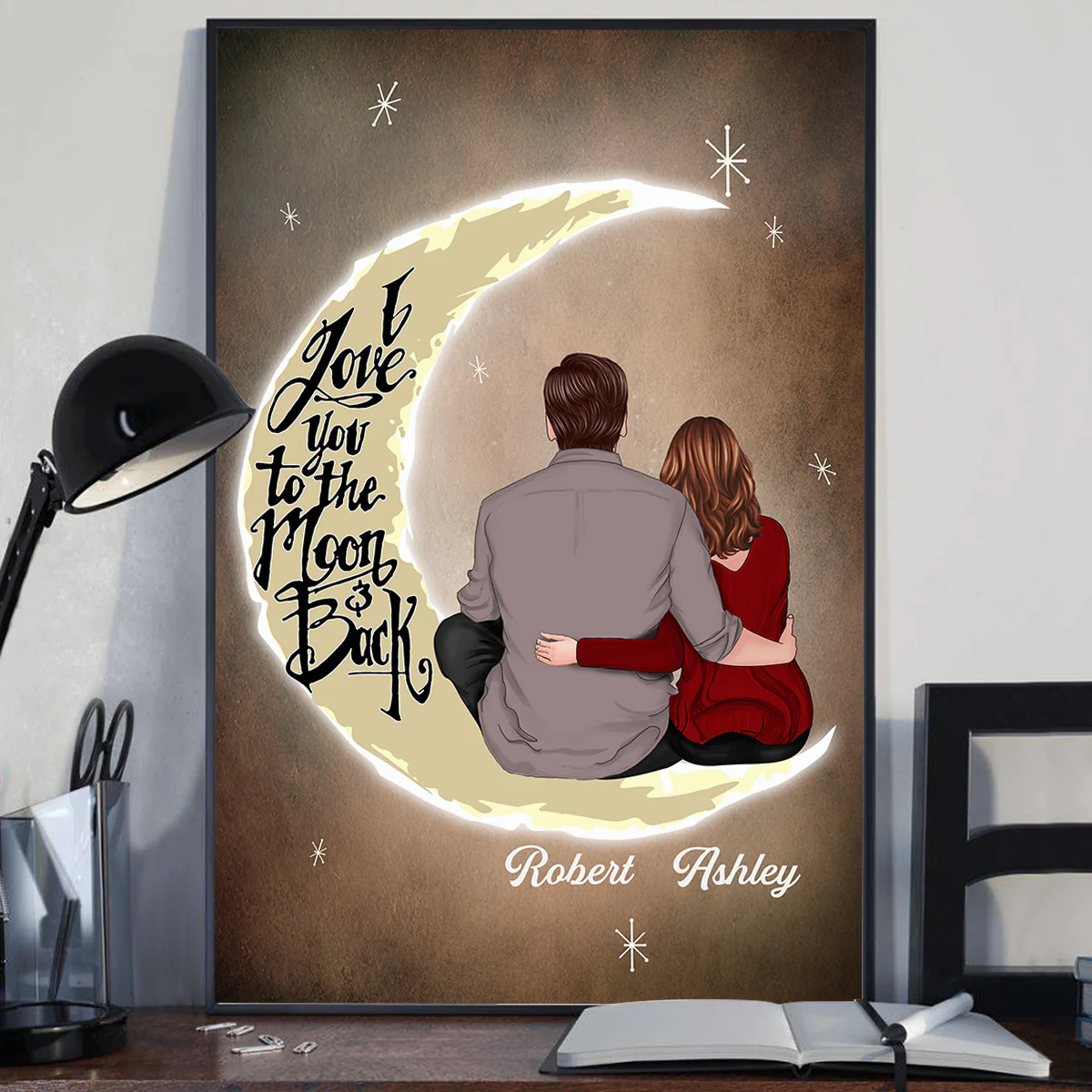 Back View Couple I Love You To The Moon And Back Anniversary Gift Personalized Vertical Poster