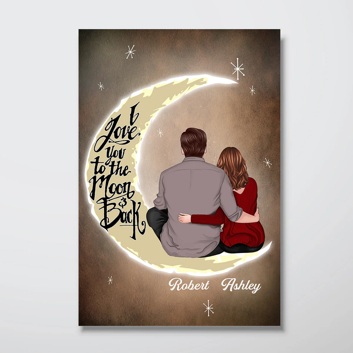 Back View Couple I Love You To The Moon And Back Anniversary Gift Personalized Vertical Poster - Image 2