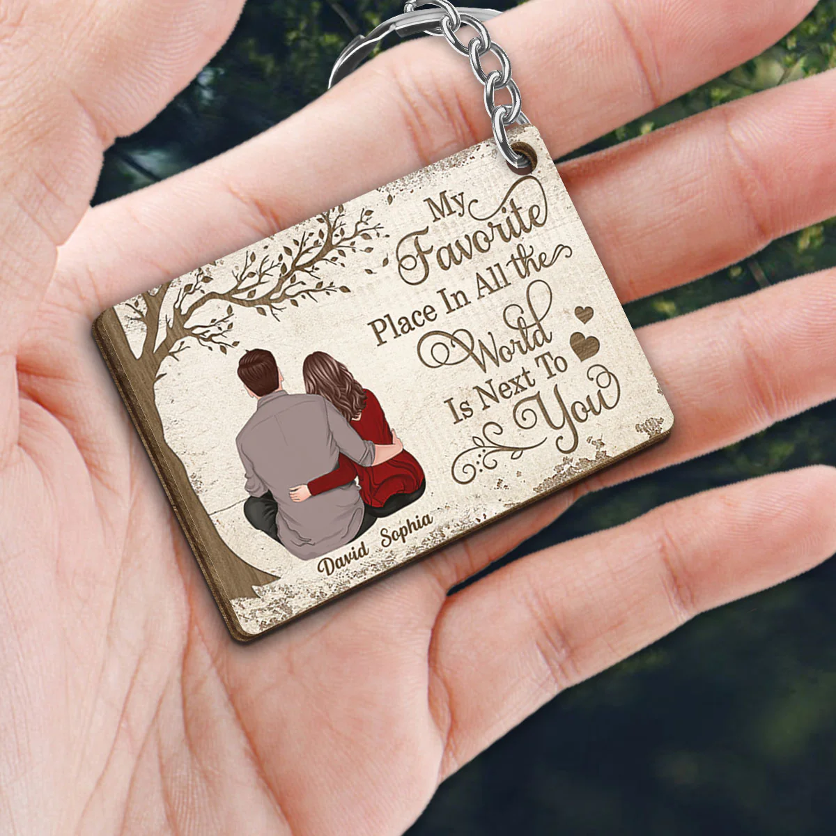 Back View Couple My Favorite Place In All The World Is Next To You Personalized Wooden Keychain - Image 2