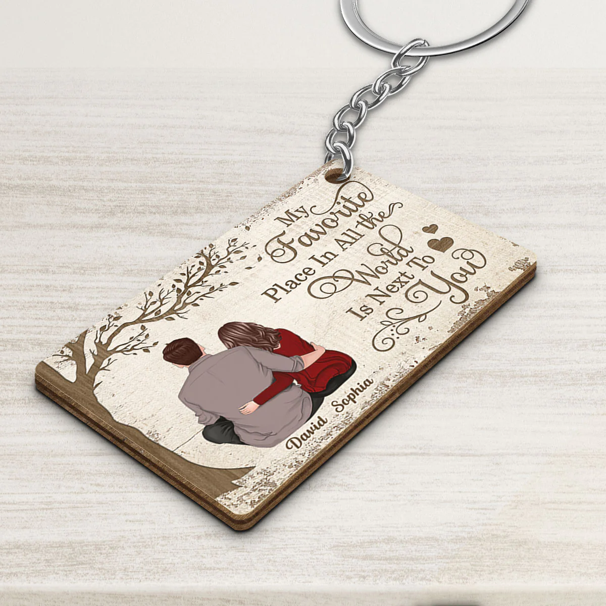 Back View Couple My Favorite Place In All The World Is Next To You Personalized Wooden Keychain - Image 3