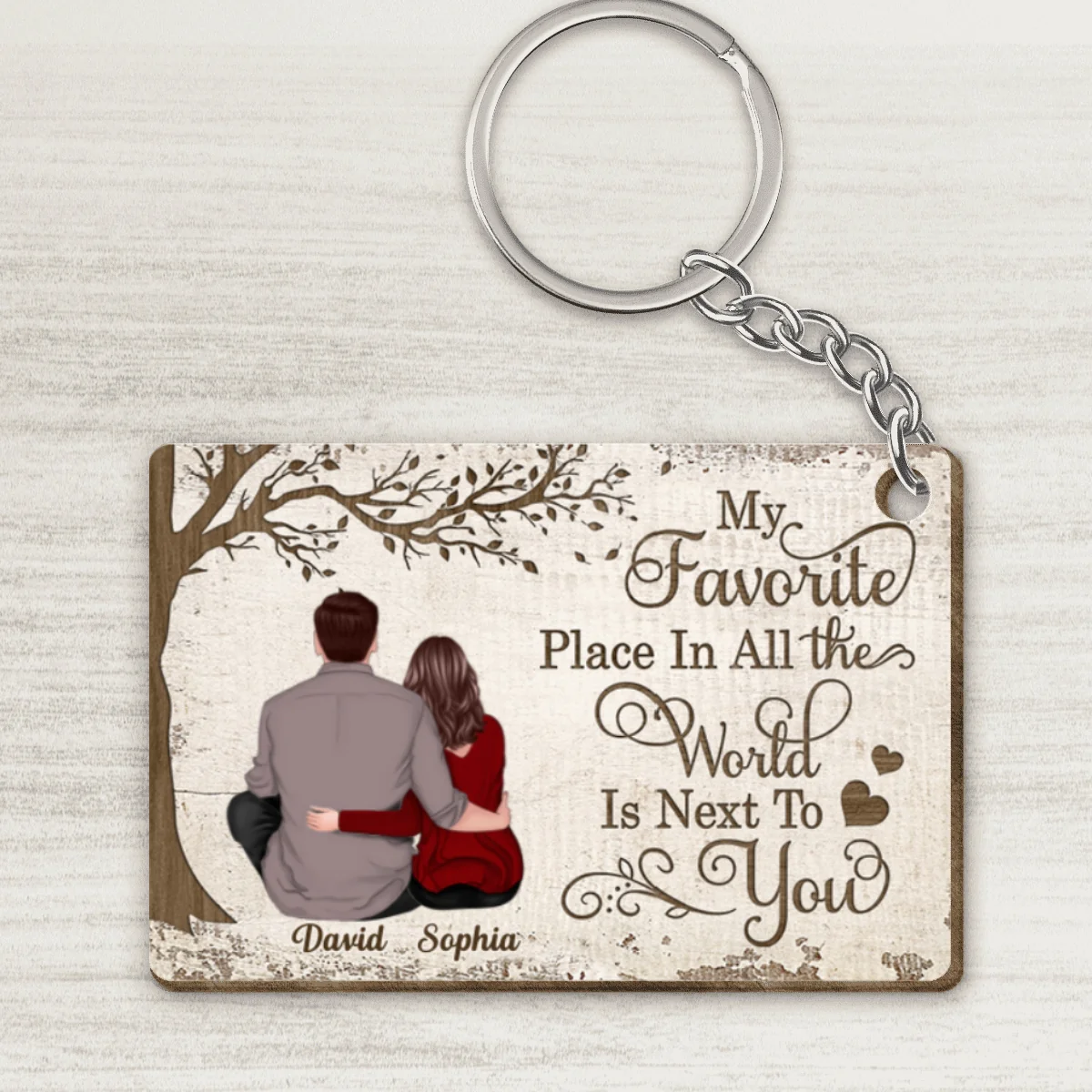 Back View Couple My Favorite Place In All The World Is Next To You Personalized Wooden Keychain - Image 4