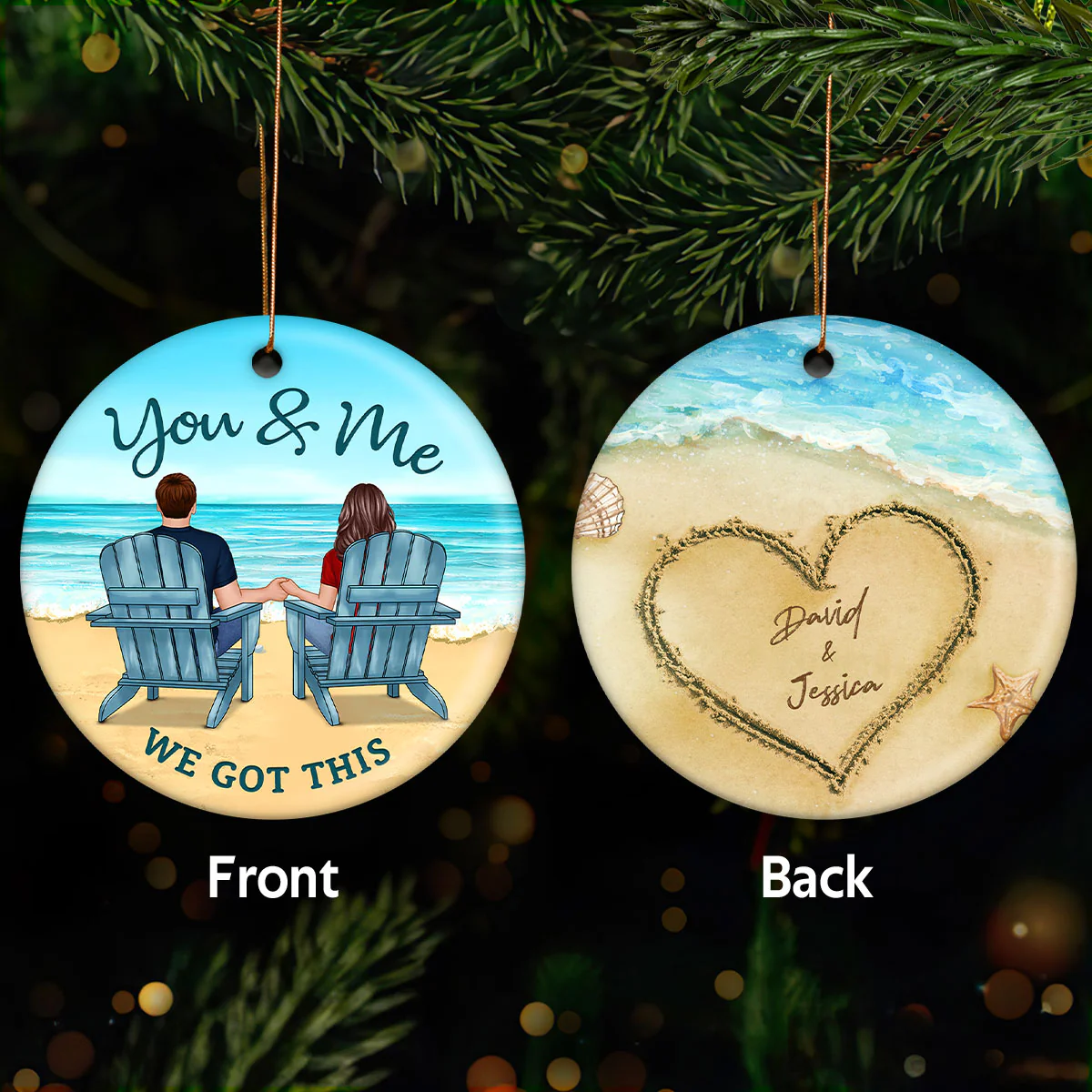 Back View Couple On Beach Names On Sand Tropical Christmas Ornament for Him and Her, Wedding Anniversary Personalized 2-Sided Circle Ornament