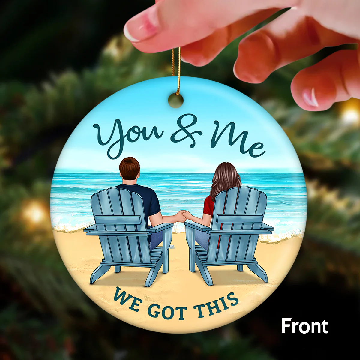 Back View Couple On Beach Names On Sand Tropical Christmas Ornament for Him and Her, Wedding Anniversary Personalized 2-Sided Circle Ornament - Image 2