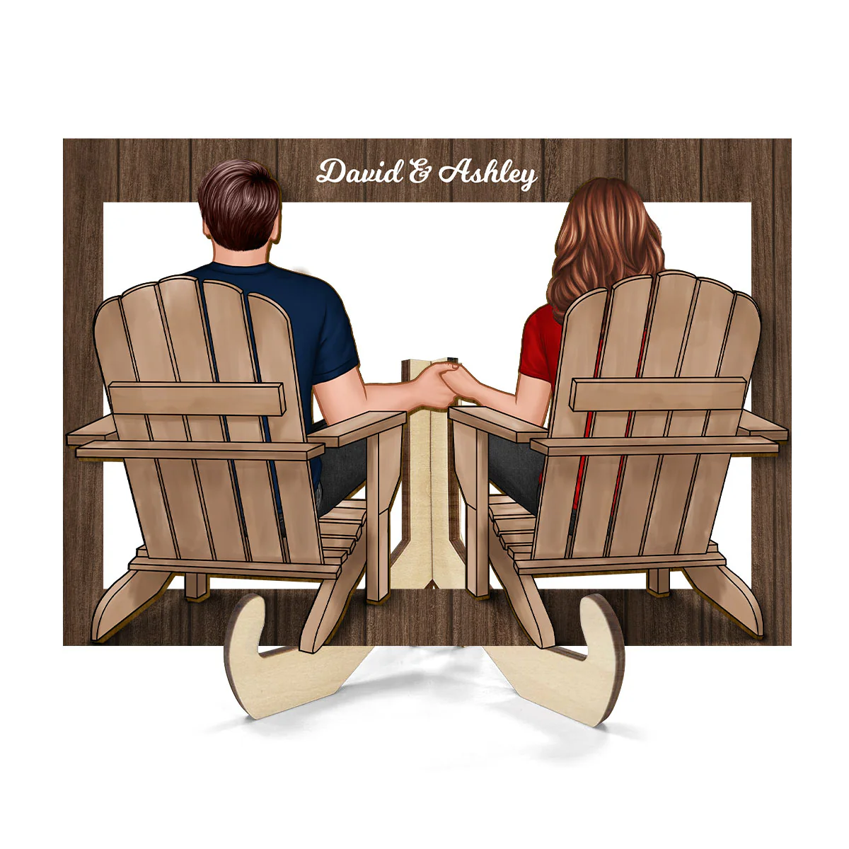 Back View Couple Sitting Beach Frame Personalized 2-Layer Wooden Plaque