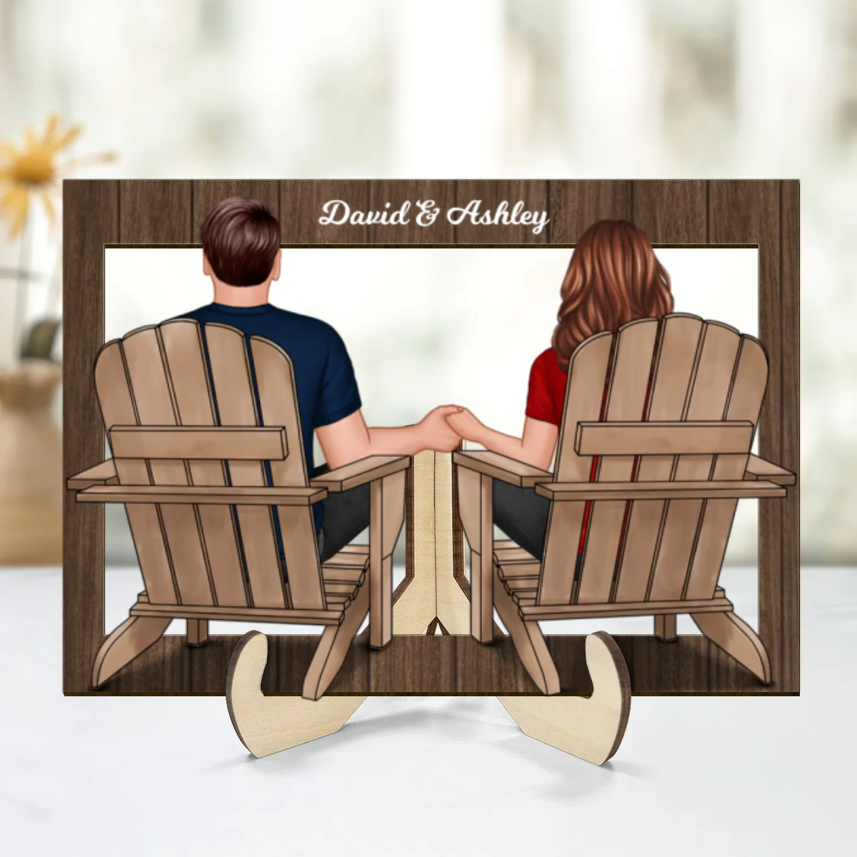 Back View Couple Sitting Beach Frame Personalized 2-Layer Wooden Plaque - Image 8